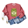 Flat lay of a red round neck sweatshirt with Pickle Slut print and denim shorts - S / Red
