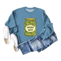 Detail of blue Pickle Slut sweatshirt print with yellow jar illustration and ribbed collar - S / Blue