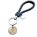 Detail view of woven black leather keychain with Keep Calm and Write On pendant - Vintage Writing(JY008104-6)
