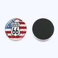 Front and back views of a 25mm Route 66 glass fridge magnet with magnetic backing - Stars and Stripes Shield Style (JY008192-7)