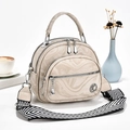 Beige marble pattern handbag with wide stripe strap and triple zipper compartments - Light Khaki