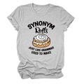 Detail of grey cotton T-shirt featuring SYNONYM Rolls print and funny grammar pun - Light Grey (Black Text)