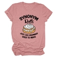 Detail of dusty pink T-shirt featuring SYNONYM Rolls print and cinnamon roll graphic - Rose Gold (Black Text)