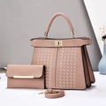 Three-piece women's handbag set in lotus pink with woven patterns and gold clasp - Pink