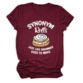 Detail of burgundy T-shirt featuring funny Synonym Rolls text and cinnamon roll illustration - Wine Red (White Text)