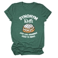 Close-up of Synonym Rolls graphic print on a comfortable dark green cotton t-shirt - Retro Green (White Text)