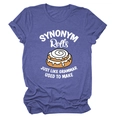 Detail of cartoon cinnamon roll print on heather purple cotton summer t-shirt - Retro Blue (White Text)