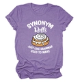 Close-up of funny cinnamon rolls print on purple cotton t-shirt with catchy quote - Purple (White Text)