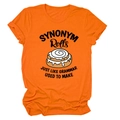 Detail of the SYNONYM Rolls graphic print on a bright orange cotton short sleeve T-shirt - Orange (Black Text)