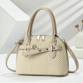 Beige herringbone woven handbag with smooth leather trim and silver hardware details - Off White