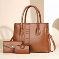 Three-piece brown faux leather tote set with textured plaid details and shoulder strap - Earthy Yellow