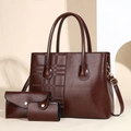 Three-piece dark brown faux leather bag set featuring tote, clutch, and card holder - Brown