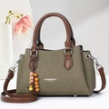 Fashion army green canvas tote bag with brown leather handles and adjustable strap - Green