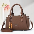 Brown lychee grain leather tote bag with top handles and adjustable strap for women - Coffee