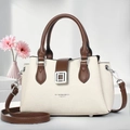 Elegant two-tone beige and brown tote bag with leather texture and top handle - Off White