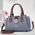 Chic grey-blue tote bag with brown leather handles and adjustable shoulder strap for women - Blue