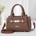 Elegant brown textured leather handbag with silver twist lock and fashion lettering - Coffee