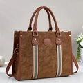Brown vintage faux leather tote bag with stylish striped ribbon and top handles - Brown