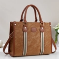 Brown faux leather tote bag with tricolor striped webbing and adjustable shoulder strap - 32x12x25cm / Khaki/Earth Yellow