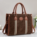 Deep brown matte leather tote bag with stylish striped webbing and top handles - 32x12x25cm / Coffee