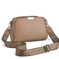 Khakifarbene Umhängetasche aus Leder mit drei Fächern und breitem Jacquard-Schultergurt - Dunkles Khaki
