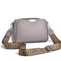Grey pebbled leather crossbody bag with ethnic jacquard wide strap and silver hardware - Gray