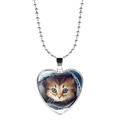 Heart necklace with cute tabby cat glass gem pendant and silver ball chain accessory - Blue Eyed Tabby Cat (JY008172-1)