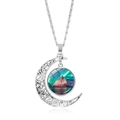 Macro detail of silver crescent moon necklace with northern lights aurora glass pendant - Snow Mountain Landscape Under Aurora (JY008214-10)