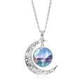 Silver hollow moon pendant necklace featuring northern lights landscape and glass dome charm - Aurora Snow Mountain Lake (JY008214-2)