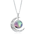 Silver hollow moon pendant necklace featuring purple and green aurora borealis crystal - Purple Green Aurora Snow Scene (JY008214-3)