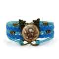 Bracciale multistrato in pelle blu steampunk con teschio, ingranaggi e farfalla - Blu