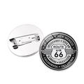 Front and back view of Route 66 round metal badges with safety pin for bags and clothes - Black and White Highway Shield (JY008184-2)