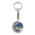 Porte-clés lune rotatif argenté avec motif de paysage de neige et chalet d'hiver - Style Église Et Cabane sous la Neige Clair de Lune Esthétique (JY008222-12)