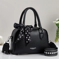 Chic black lychee leather handbag with polka dot scarf and geometric pattern strap - Black
