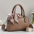 Brown lychee leather Boston bag with paisley silk scarf handle and wide textile strap - Khaki