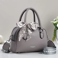 Grey litchi leather handbag with embroidered strap and polka dot scarf accessory - Gray