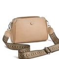 Beige faux leather crossbody tote bag with wide geometric strap on white background - Light Khaki