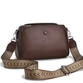 Brown lychee leather crossbody bag with wide ethnic style woven strap and silver hardware - Coffee