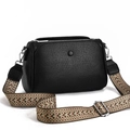 Black lychee leather crossbody tote bag with a colorful ethnic woven wide strap - Black