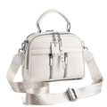 Detail of white lychee leather handbag featuring silver zippers and patterned wide strap - Off White