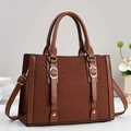Bolso tote marrón de piel tejida con hebilla dorada y correa ajustable - Amarillo Tierra