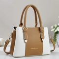 Brown and white bicolor tote bag with lychee texture and adjustable shoulder strap - White