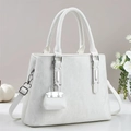 Elegant white striped texture handbag with silver hardware and mini charm accessory - White