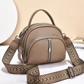 Brown lychee leather crossbody bag with ethnic patterned strap and triple zip layers - Dark Khaki