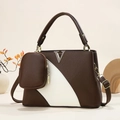 Brown and white contrast leather handbag with silver V logo and mini round coin purse - Coffee