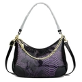 Detail of purple snakeskin pattern shoulder bag with glossy leather and gold chain - Purple