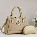 Detail of beige tote bag set with detachable strap, woven texture, and teardrop clasp - Khaki