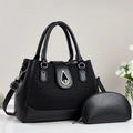 Elegant black PU leather tote bag with woven texture and matching coin purse for commuting - Black