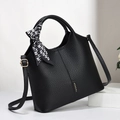 Elegant black leather bucket bag with litchi texture and a stylish checkered scarf - L24 H22 W9 / Black