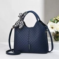 Dark blue woven bucket bag with silk scarf handle and detachable shoulder strap - L24 H22 W9 / Blue (Grid)